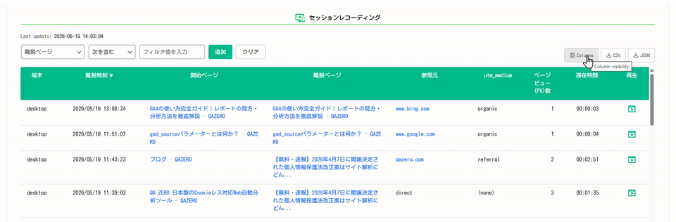 テーブル列の表示切り替え